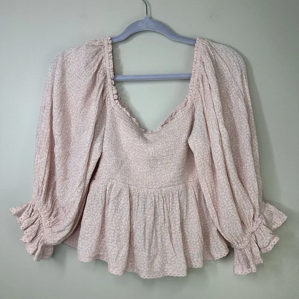 Free People Top Women Small Pink Brittnee Smocked Peplum Shirt Peasant Milkmaid